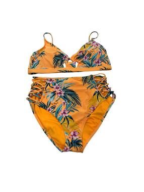Ambrielle Tropical Bikini Bathing Suit L Tangerine Removable Pads Lace Up Beach